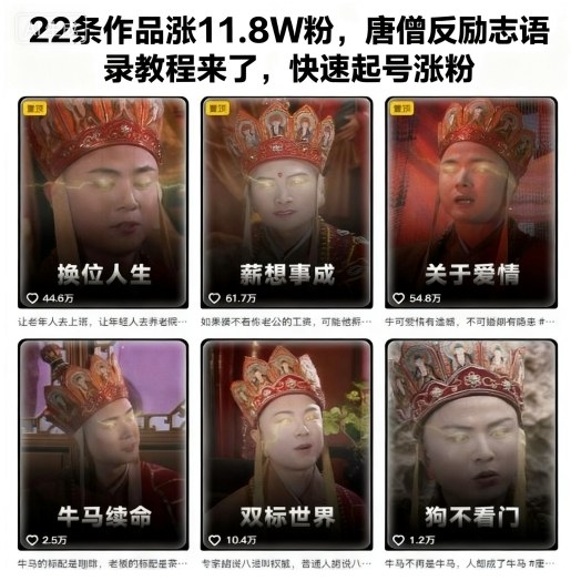 22条作品涨11.8W粉,唐僧反励志语录教程来了,快速起号涨粉-景枢聚合