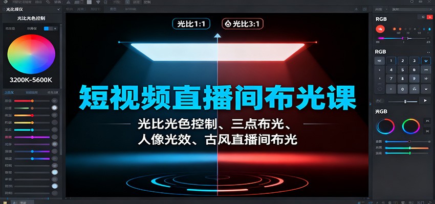 短视频直播间布光课:光比光色控制、三点布光、人像光效、古风直播间布光-景枢聚合