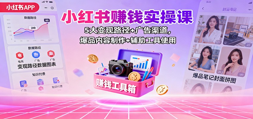 小红书赚钱实操课：5大变现路径+广告渠道，爆品内容制作+辅助工具使用-景枢聚合