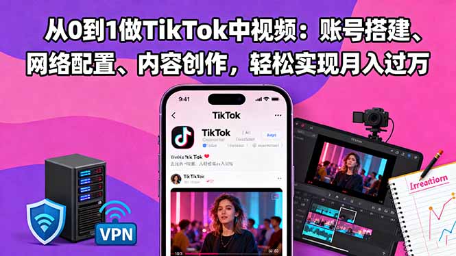 从0到1做TikTok中视频：账号搭建、网络配置、内容创作，轻松实现月入过万-景枢聚合