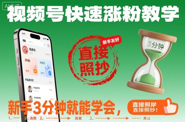 视频号快速涨粉教学，新手3分钟就能学会，直接照抄！-景枢聚合